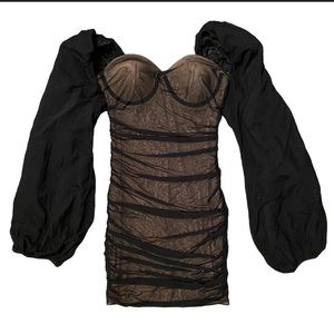 Long‎ Puff Sleeve Ruched Mesh Mini Dress.